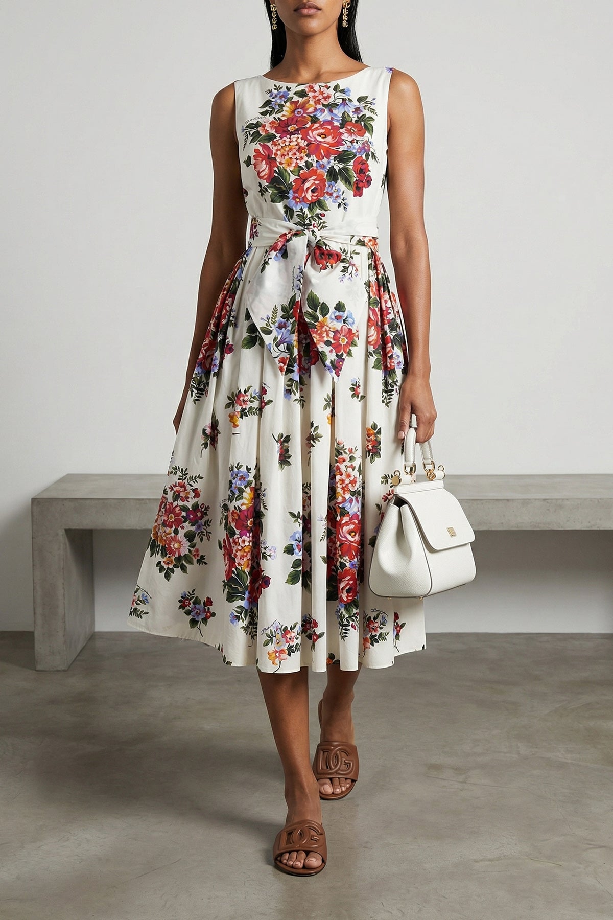 DOLCE amp; GABBANA 40 bouquet di fiori print cotton poplin midi dress