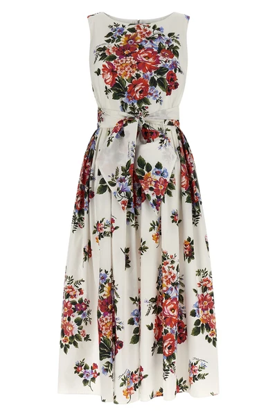 bouquet di fiori print cotton poplin midi dress