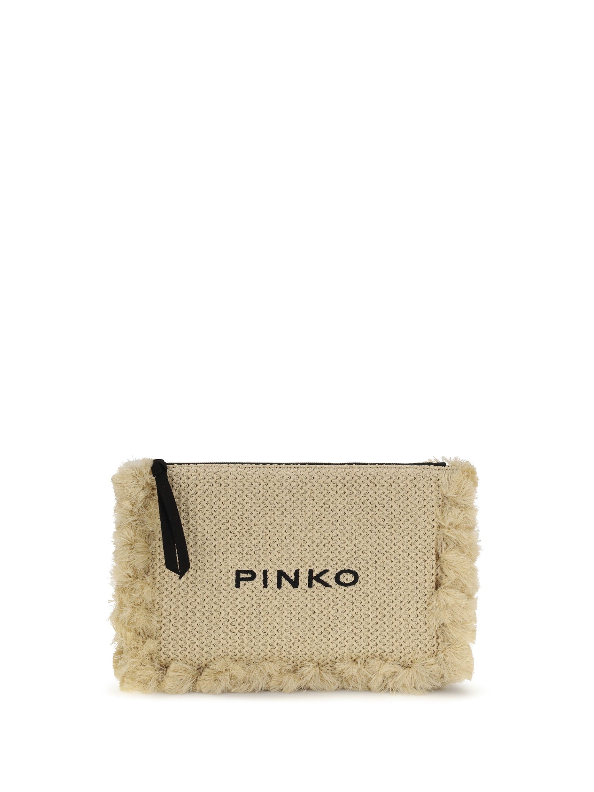 PINKO OS flat handle clutch in raffia
