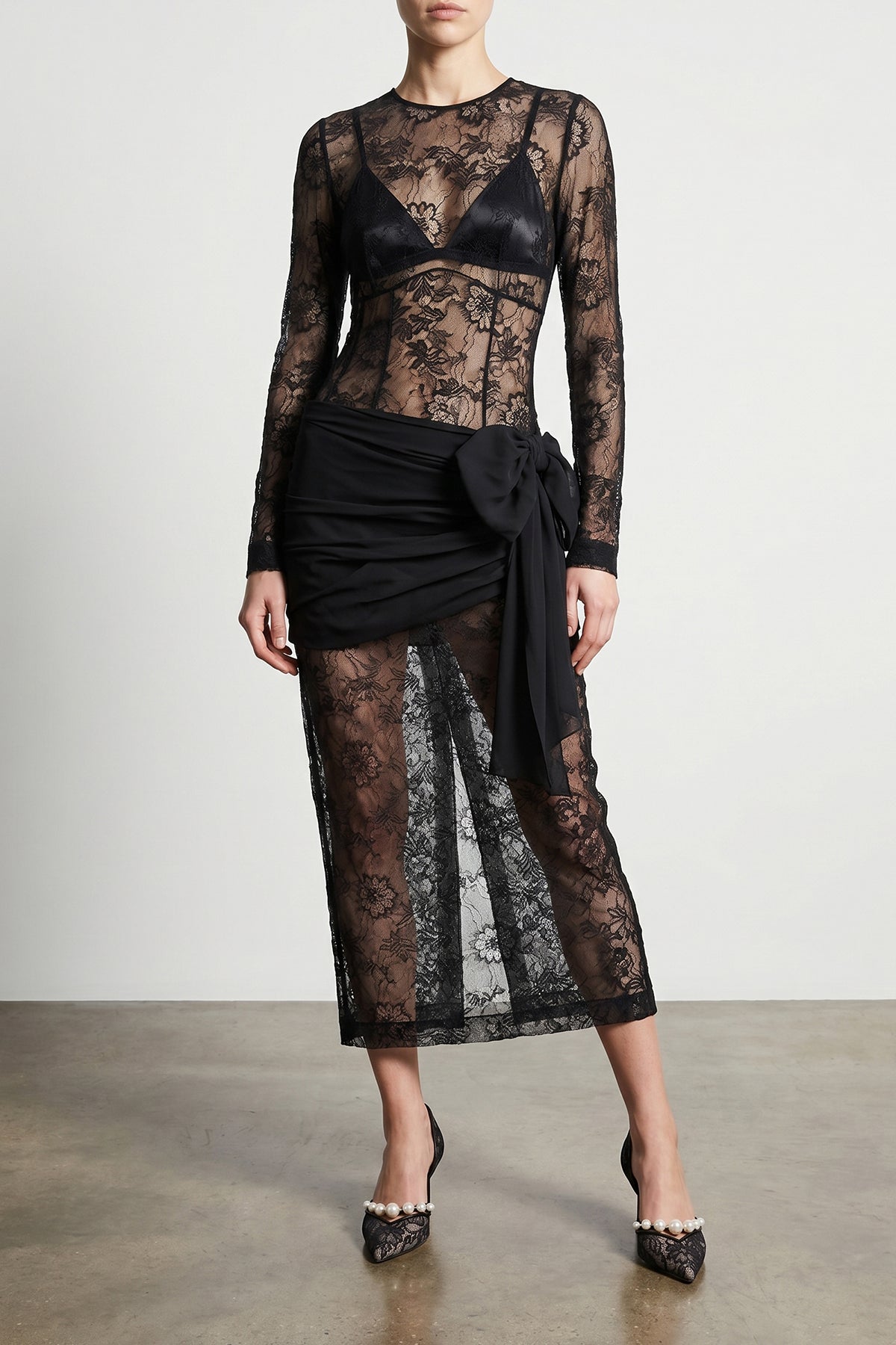ALESSANDRA RICH 40 long semi-transparent lace dress