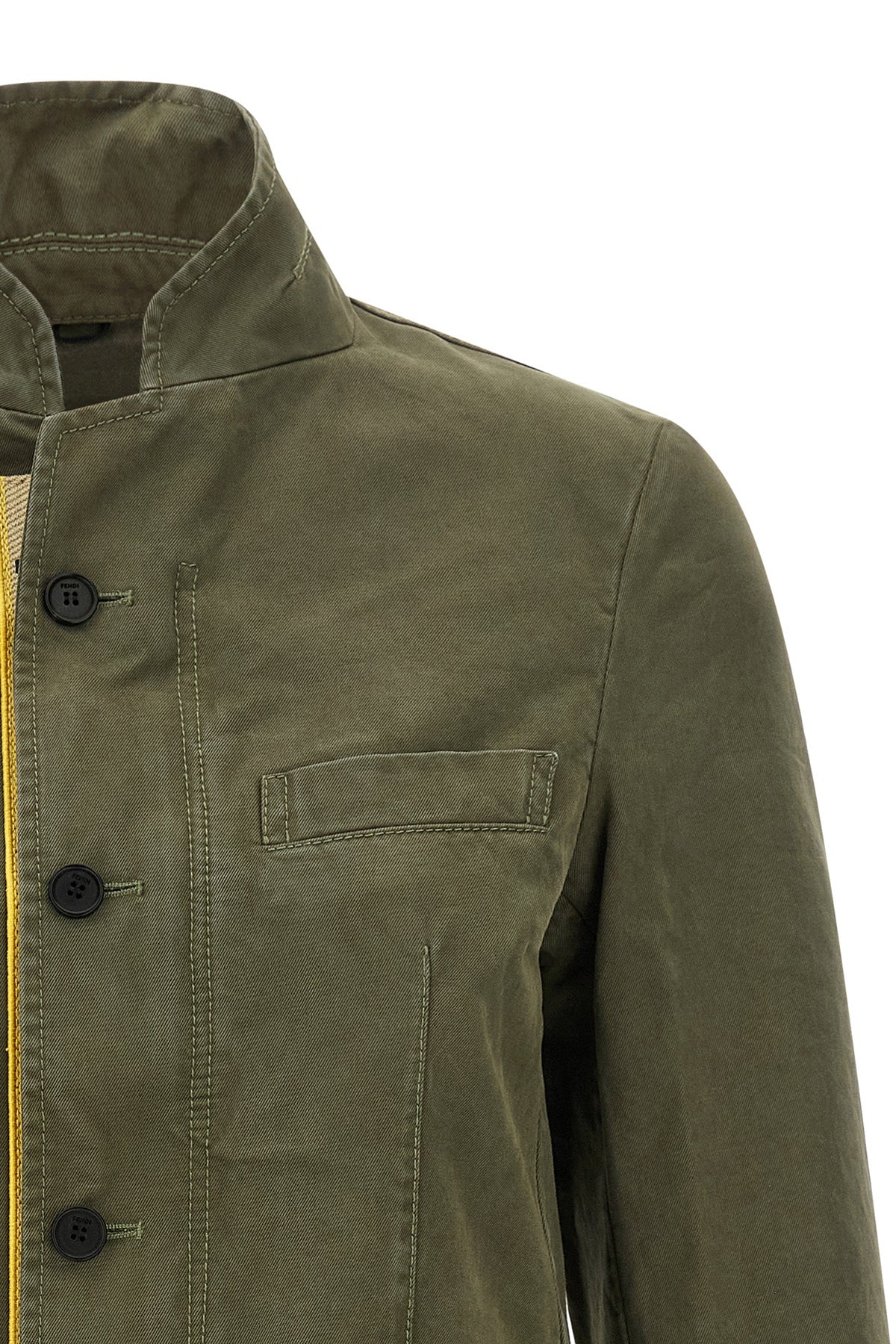 the fendi equestrian jacket in pure olive green cotton drill stands out for its