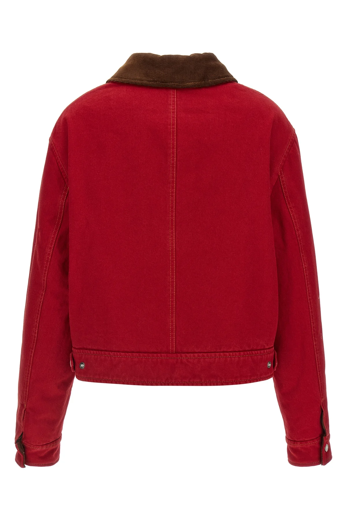 the ami paris jacket defines a cropped silhouette through a rigorous ruby red co