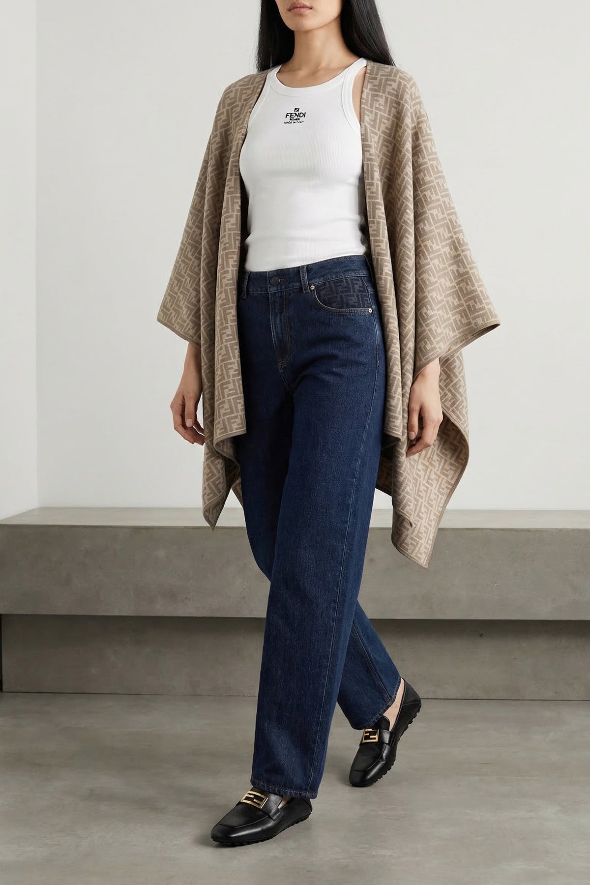 FENDI L top canotta in cotone garzato con logo ricamato frontale