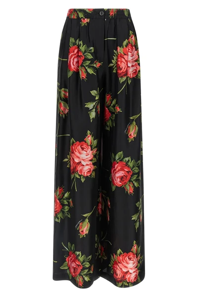 bouquet rose print silk twill trousers