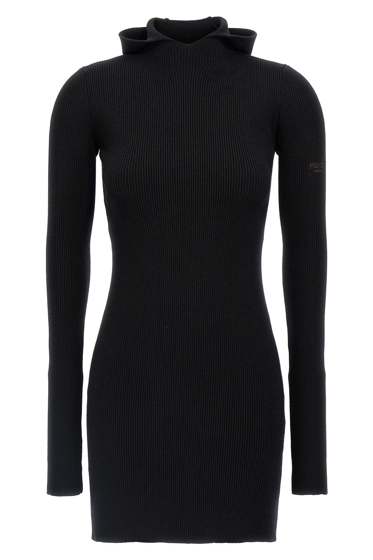 FENDI 38 ribbed wool and silk hooded dress