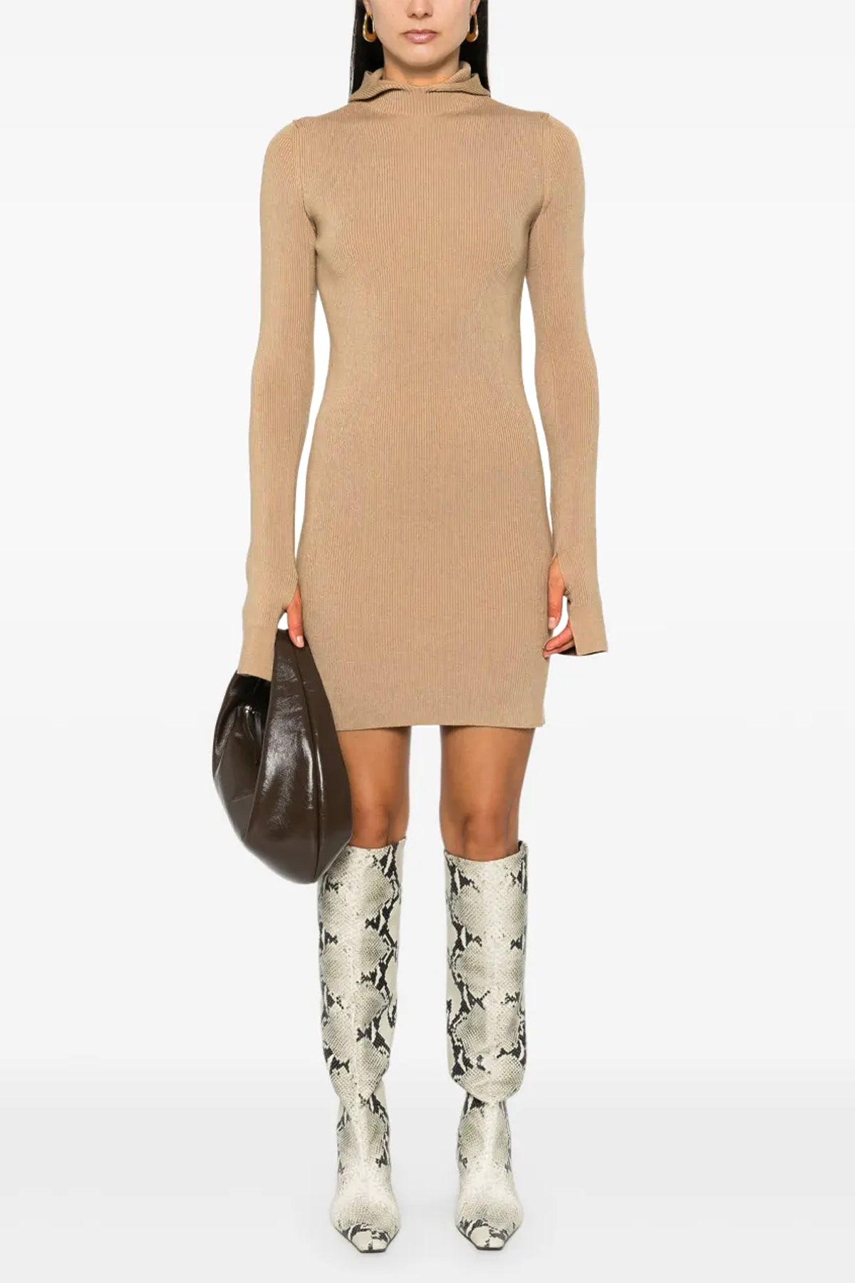 FENDI 42 ribbed wool and silk hooded dress