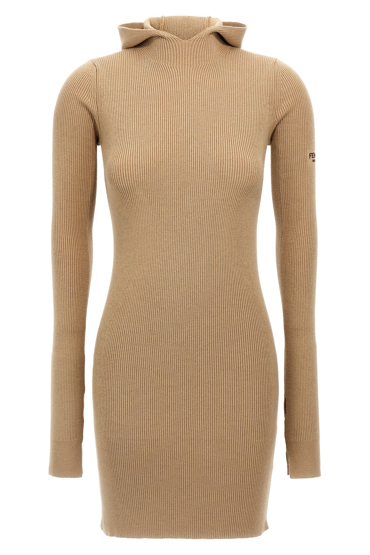 FENDI 42 ribbed wool and silk hooded dress