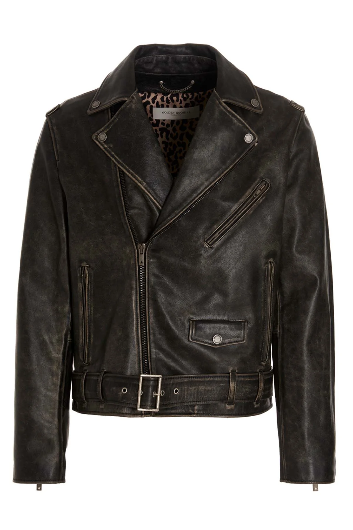 GOLDEN GOOSE 50 golden vintage effect leather biker jacket