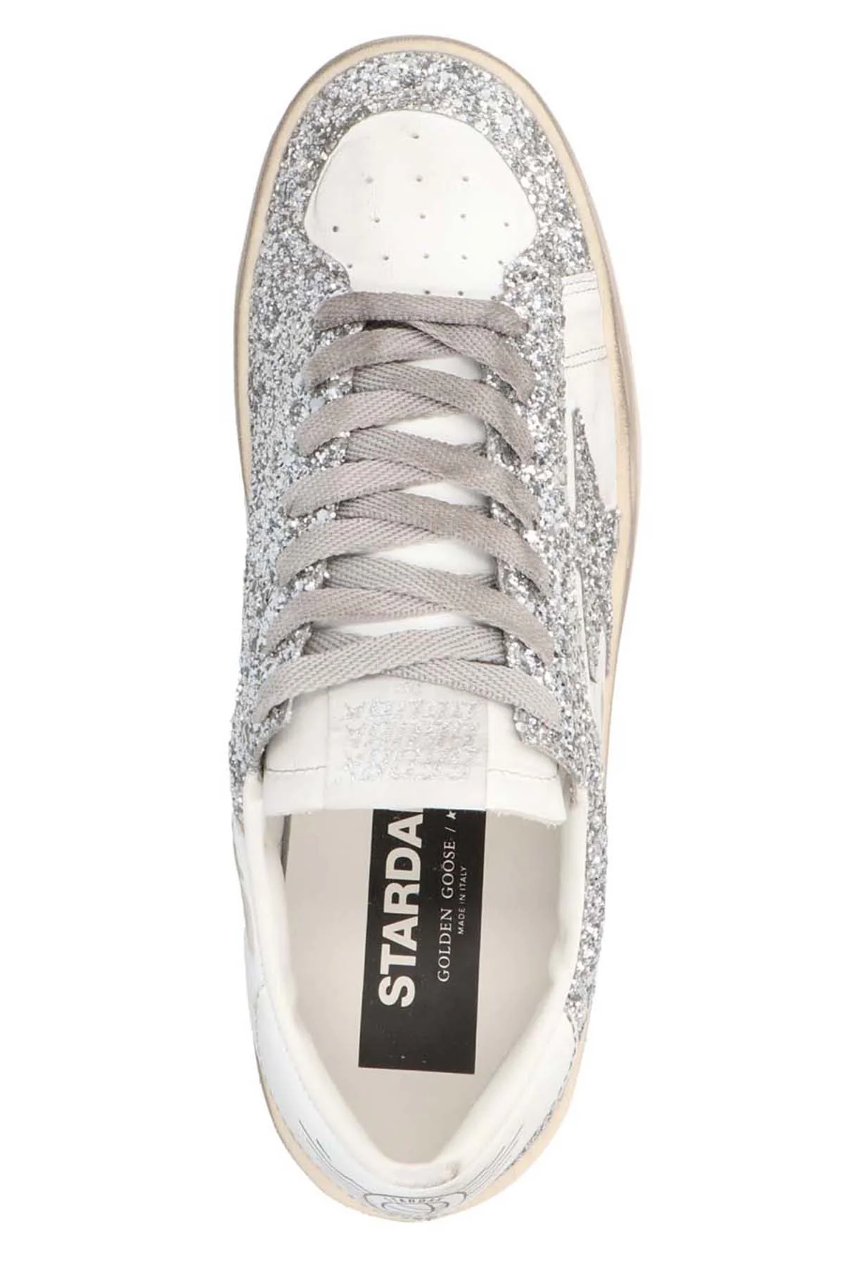 stardan lace-up silver leather and glitter sneakers
