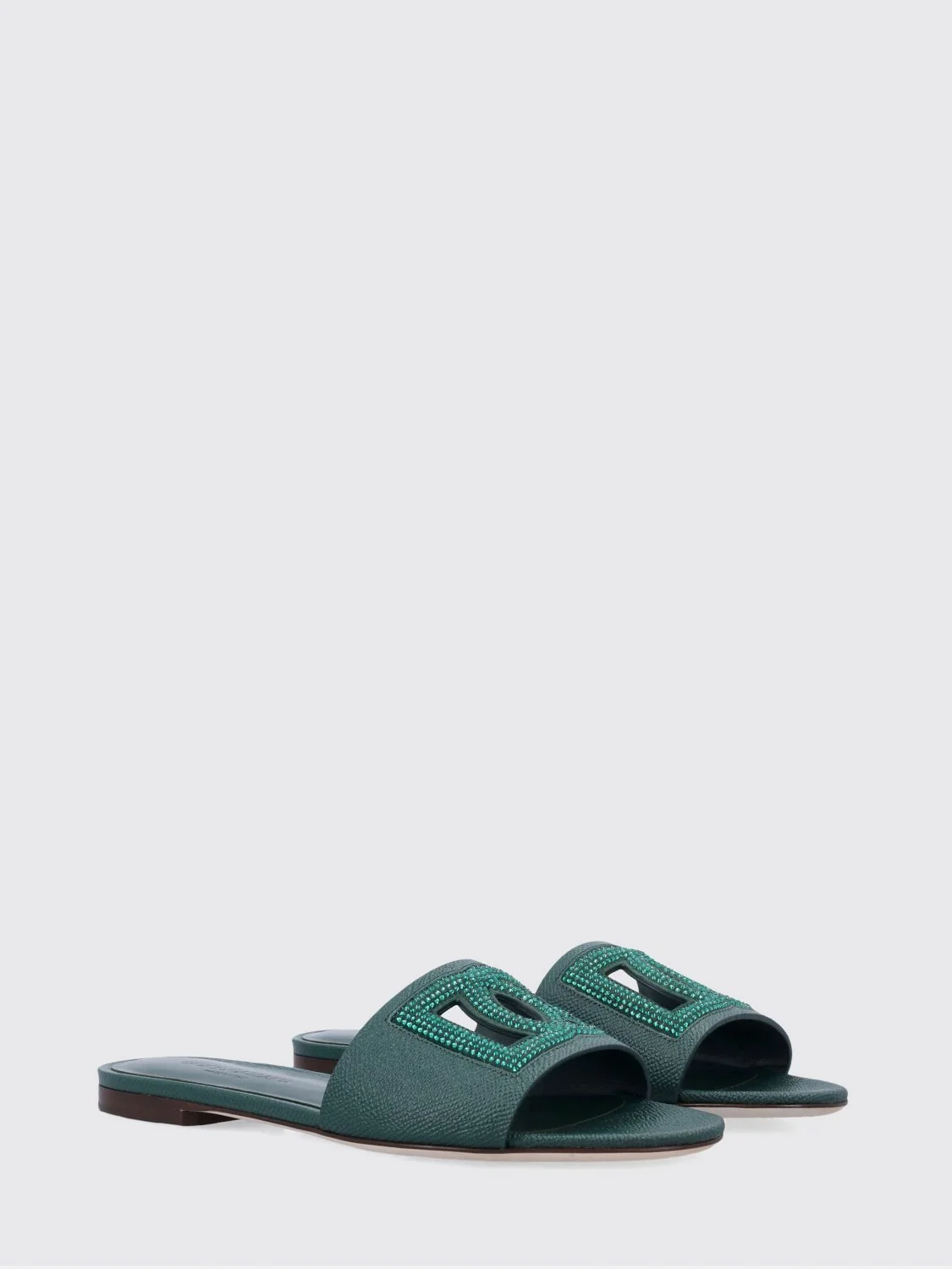 grained leather sliders with rhinestone monogram