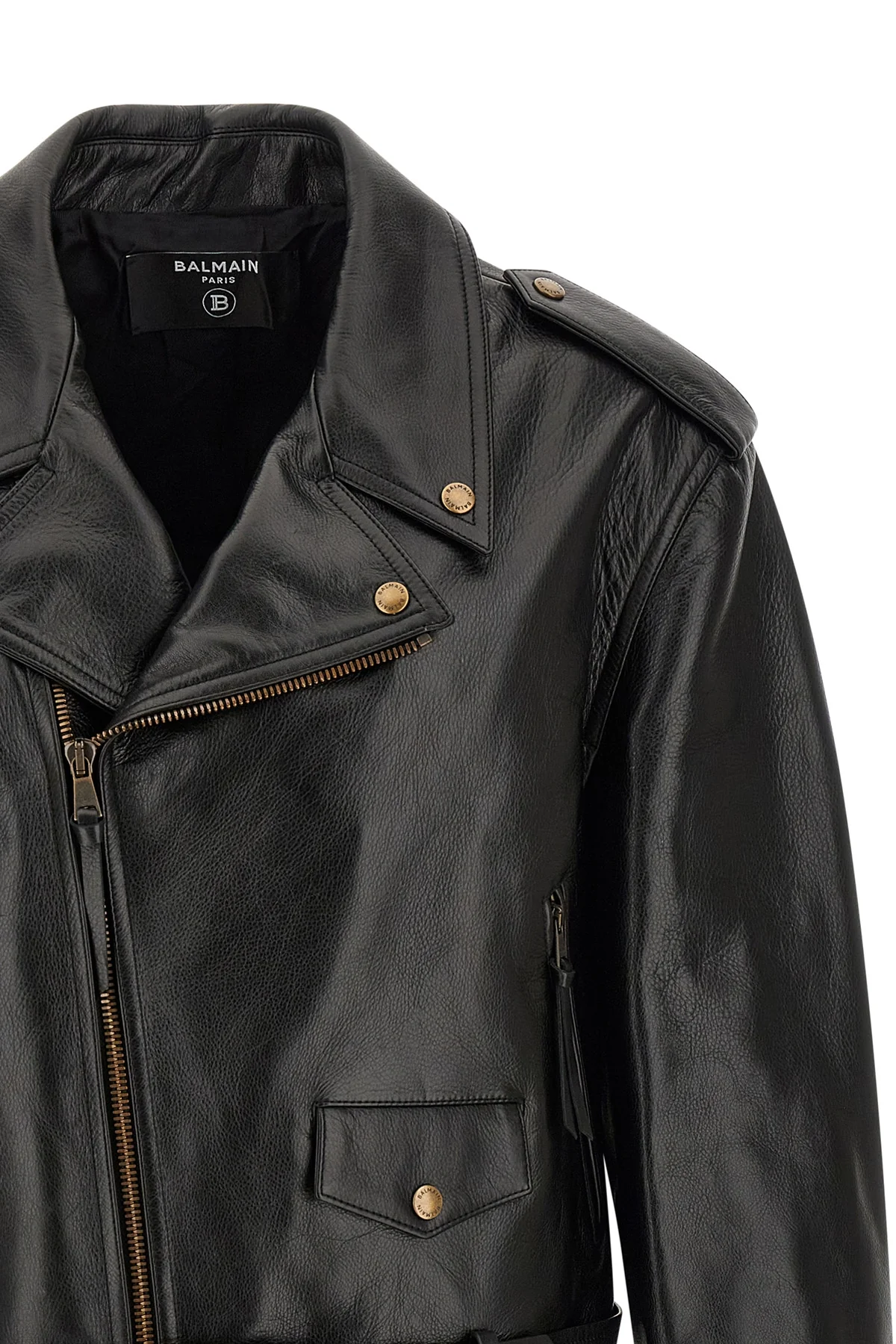 balmains biker jacket in black textured cowhide leather