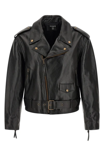 balmains biker jacket in black textured cowhide leather