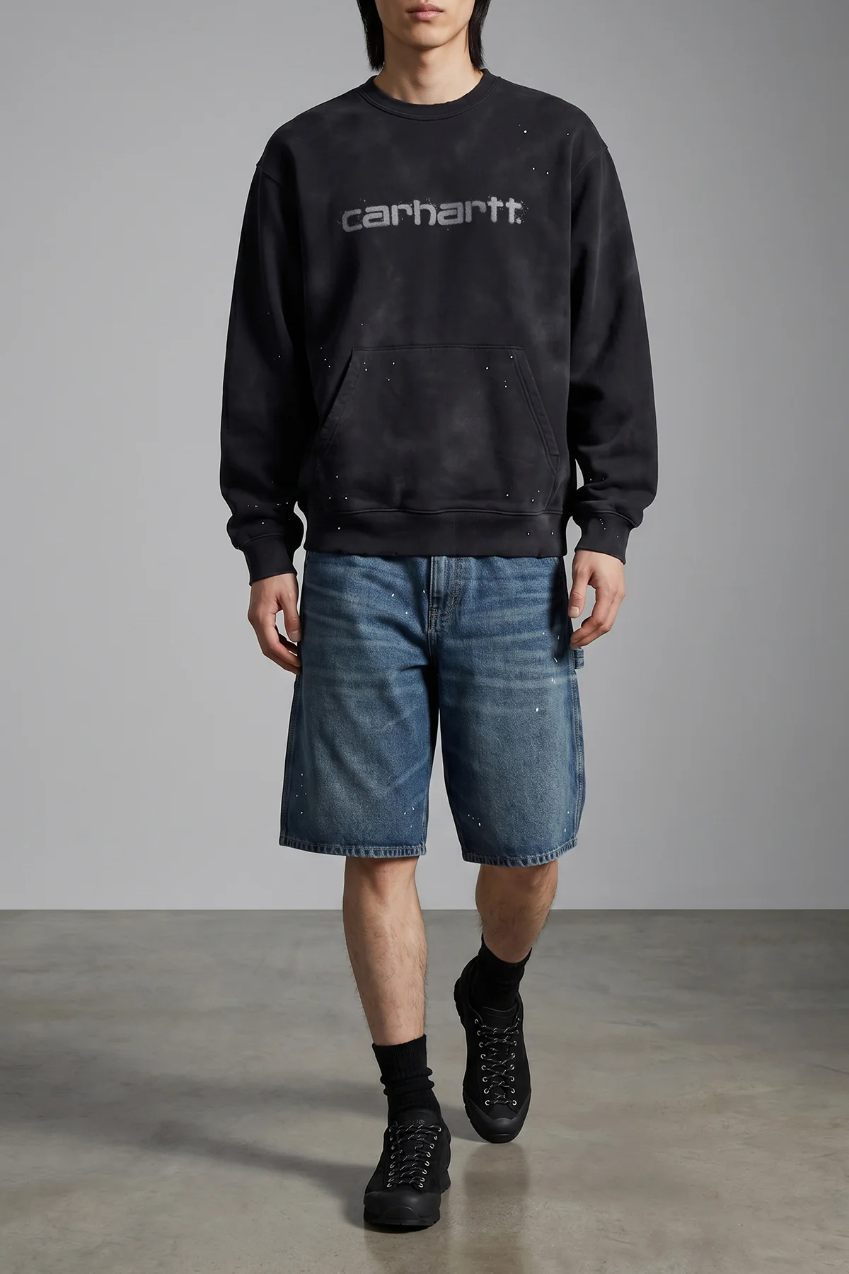 og single knee smith heavy used cotton denim shorts