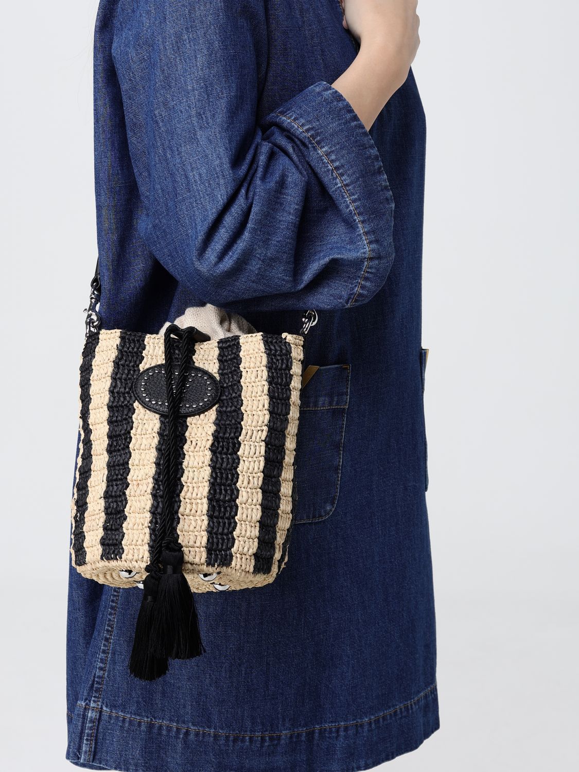 striped crochet raffia bucket bag