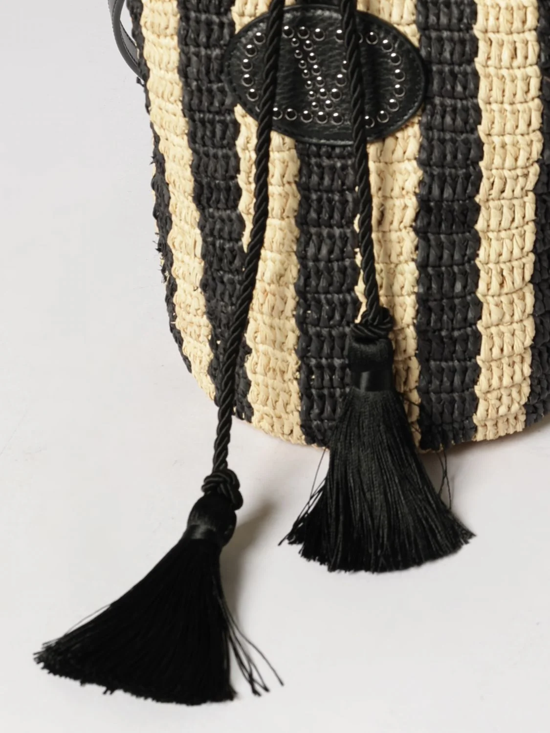 striped crochet raffia bucket bag