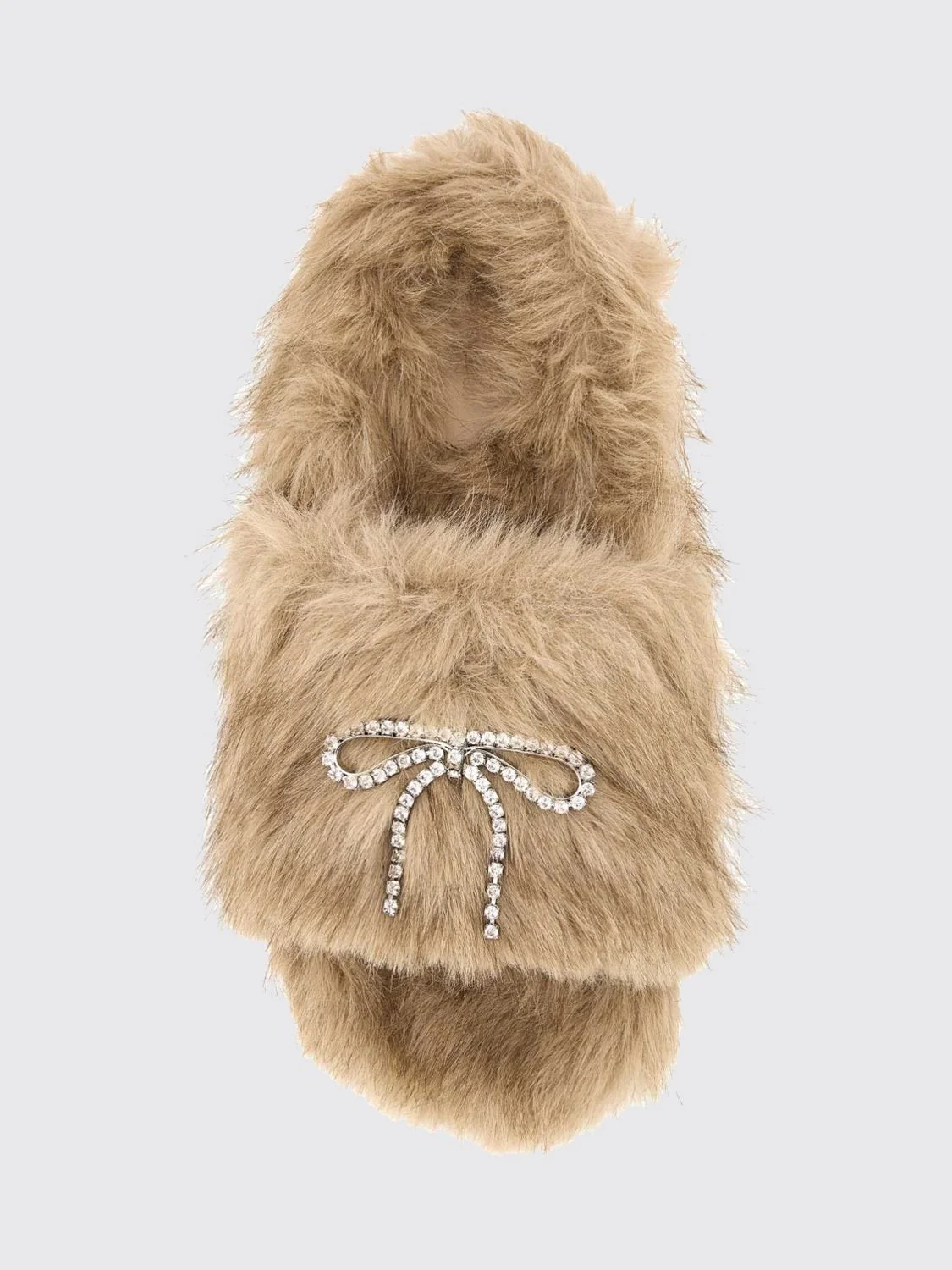 faux fur slides with bow and rhinestone embellishment