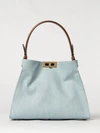 way medium denim shoulder bag with twist-lock closure