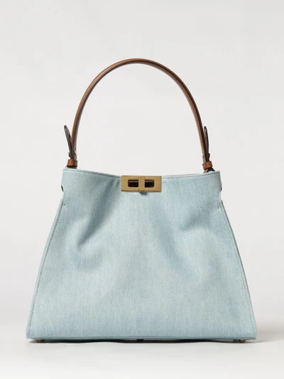 way medium denim shoulder bag with twist-lock closure