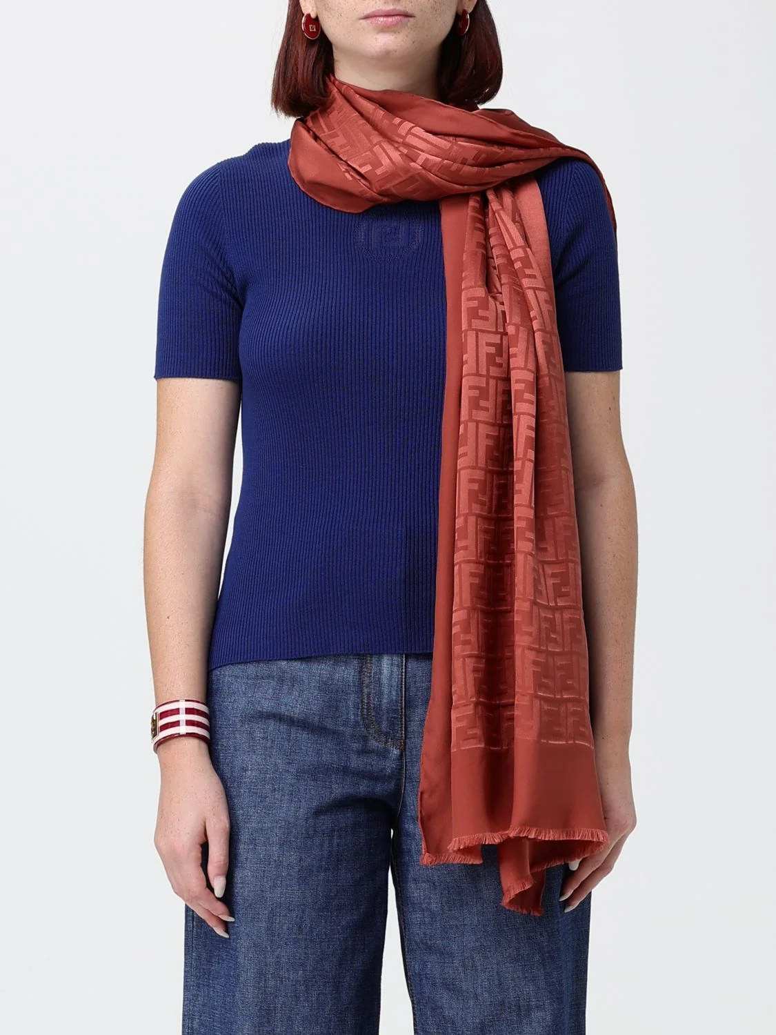 FENDI OS silk scarf with jacquard ff monogram and fringed edges