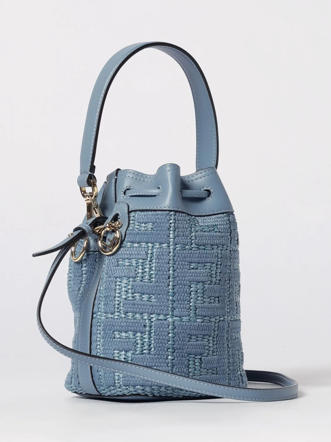 mon tresor mini bucket bag in raffia with ff monogram