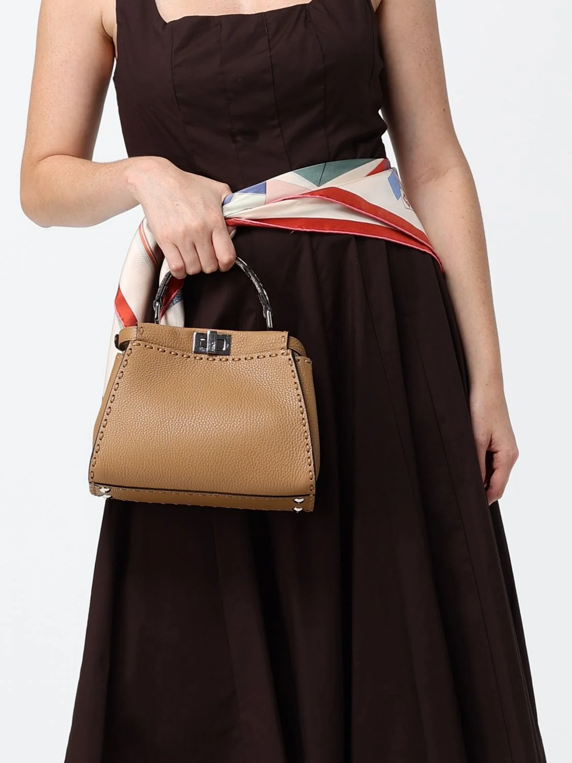FENDI OS peekaboo mini handbag in hammered calfskin leather