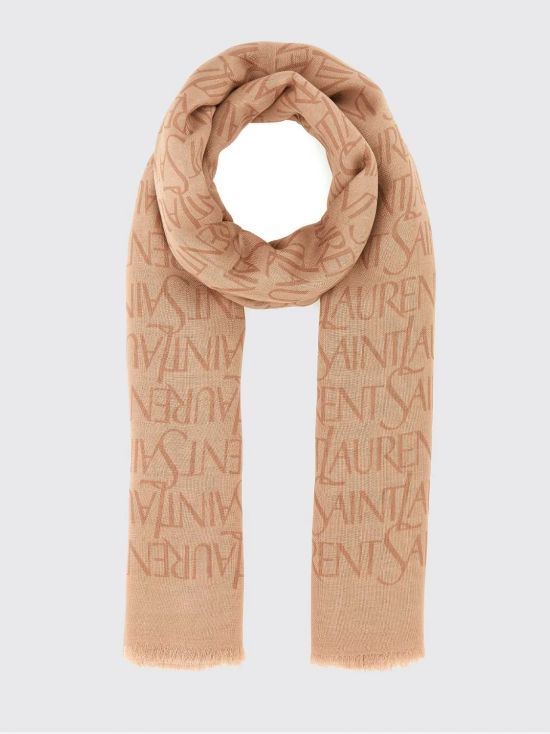 SAINT LAURENT OS jacquard logo scarf in modal and cashmere with fringed edges