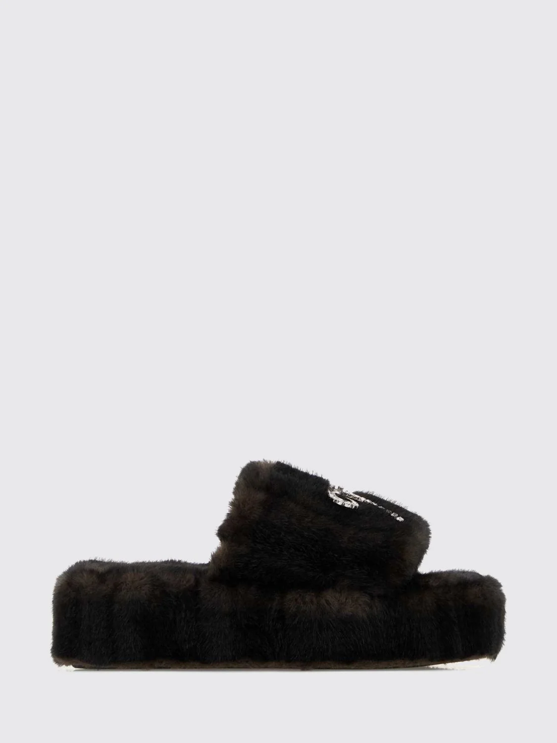 BALENCIAGA 40 faux fur platform slide sandals with bow and rhinestones
