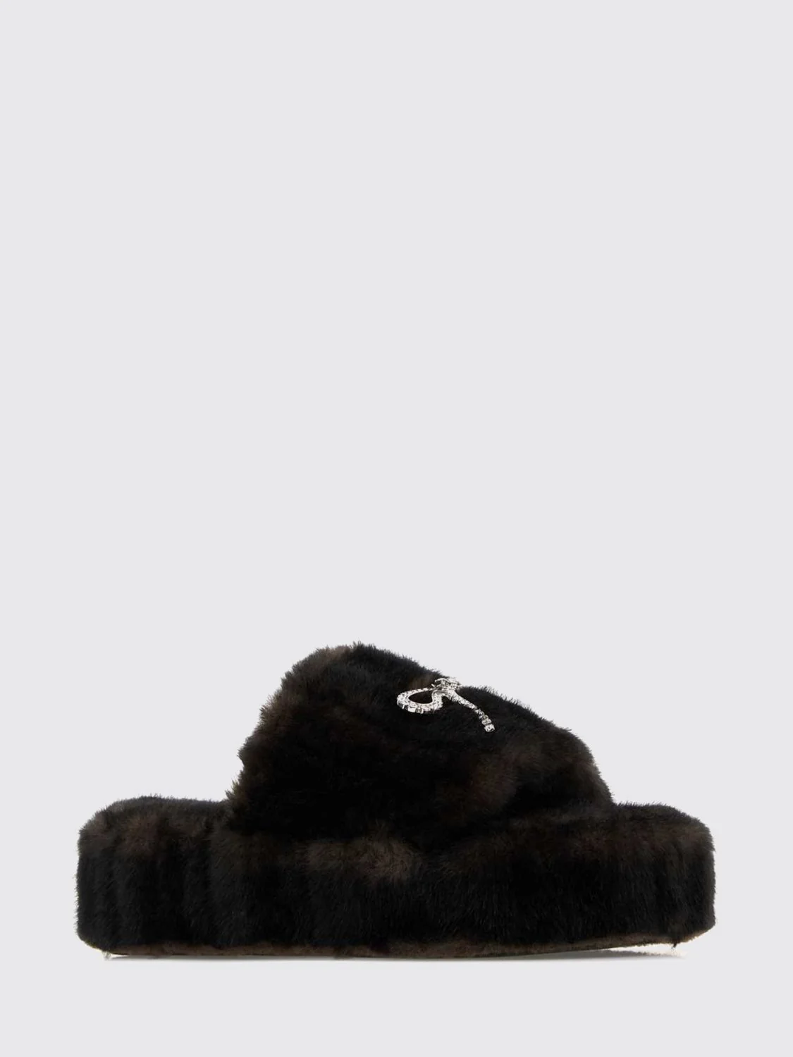 BALENCIAGA 40 faux fur platform slide sandals with bow and rhinestones