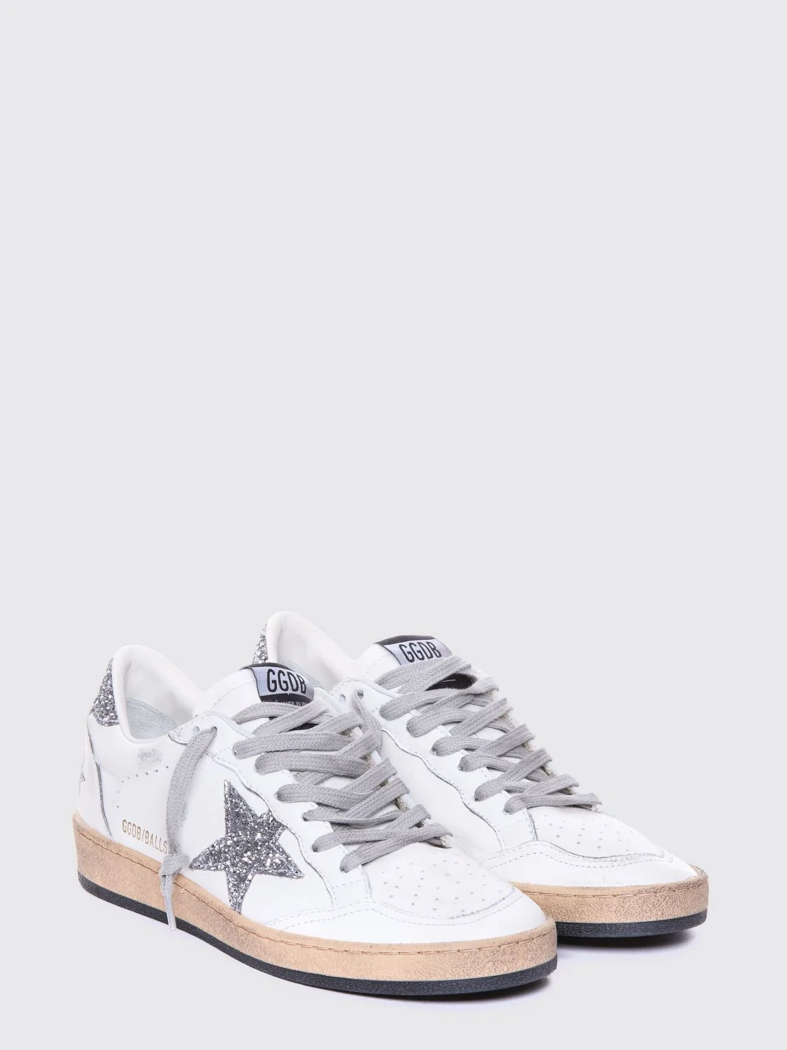 ball star leather sneakers with glitter logo and distressed effect