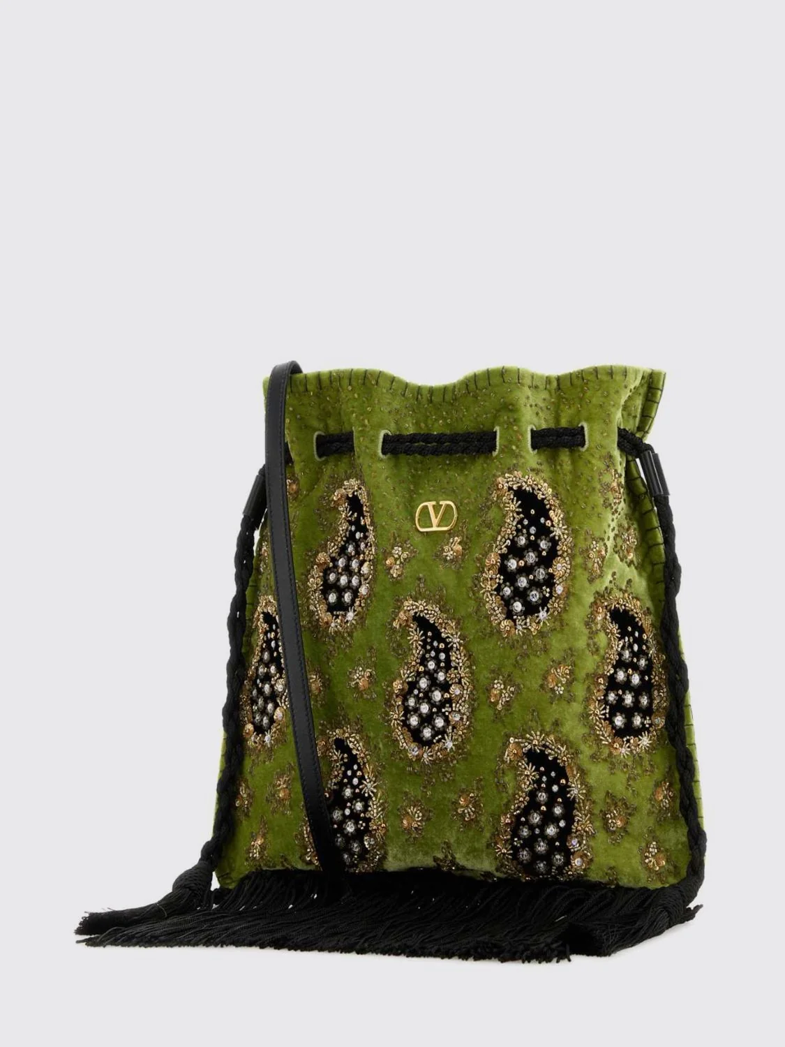 vlogo signature paisley embroidered bucket bag with crystals