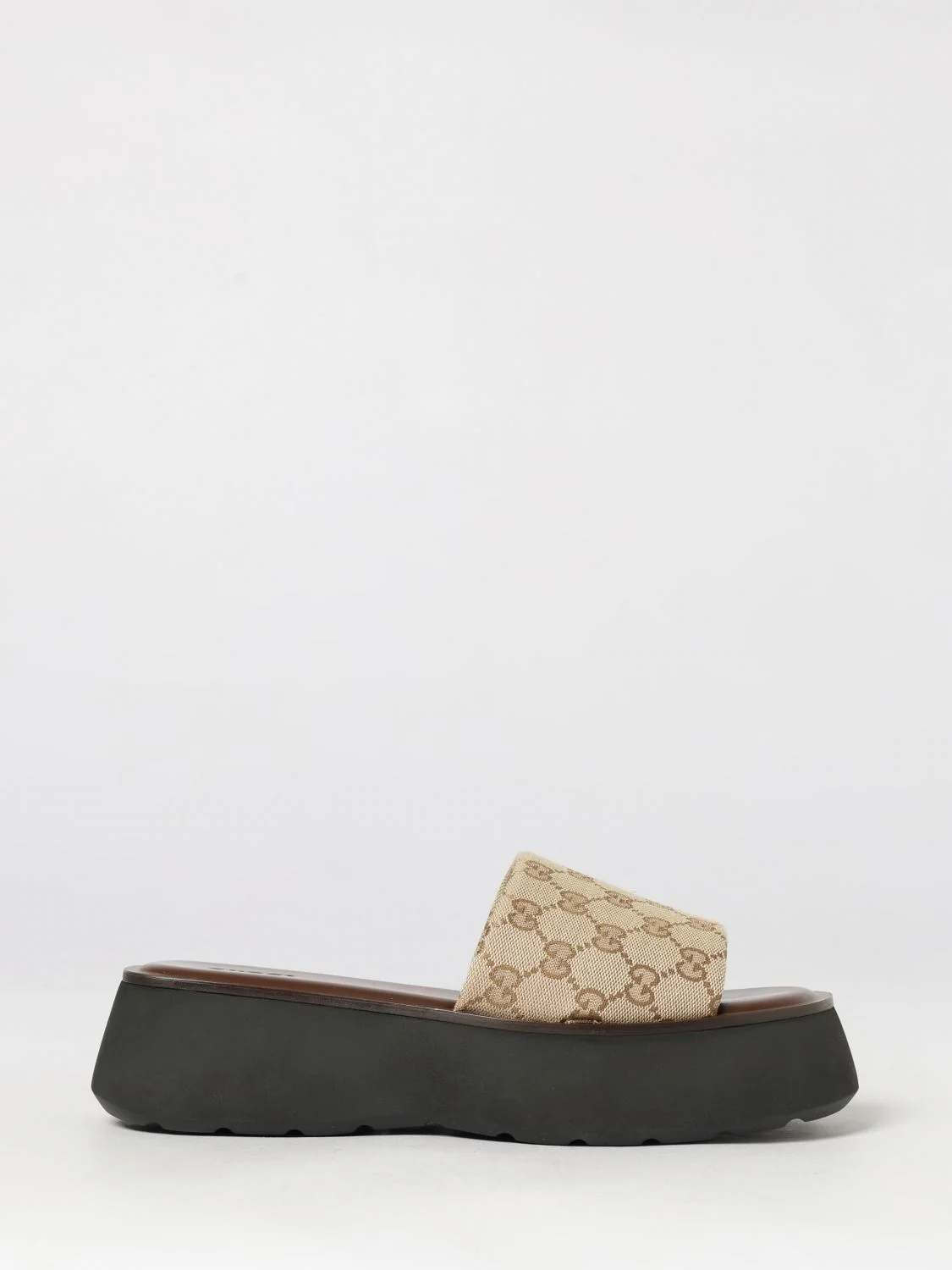 GUCCI 38 gg cotton monogram mule sandals with low wedge heel
