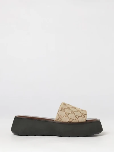 gg cotton monogram mule sandals with low wedge heel