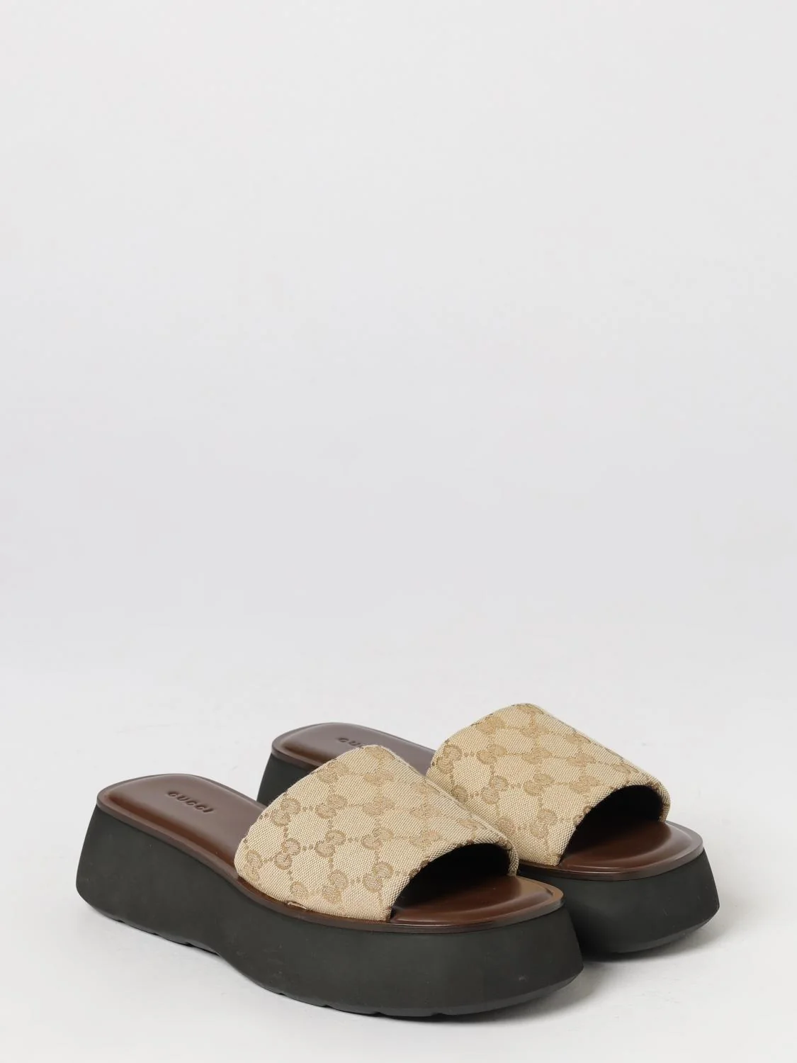 GUCCI 38 gg cotton monogram mule sandals with low wedge heel