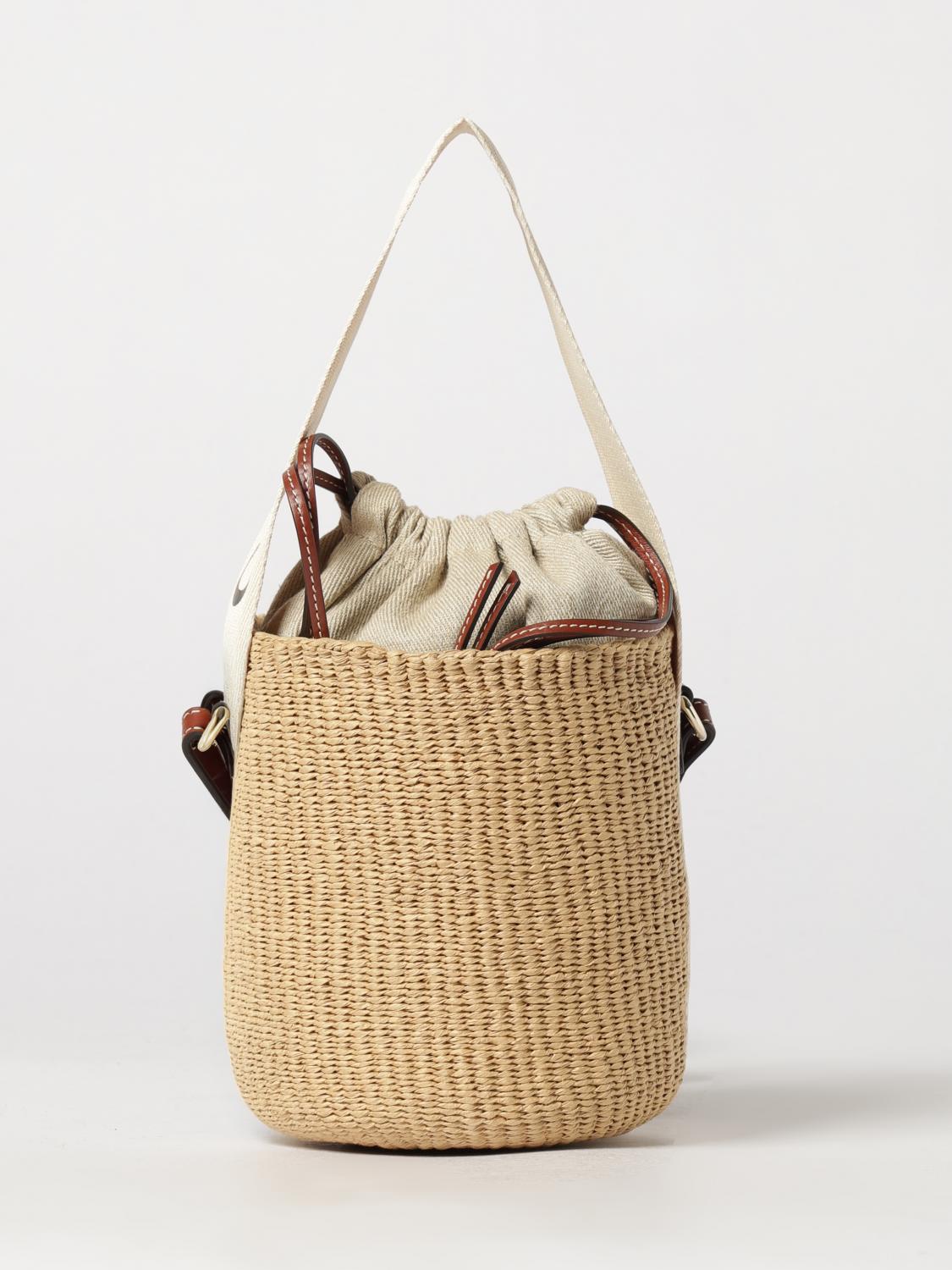 CHLOÉ OS chloé woody mini raffia bucket bag with leather strap