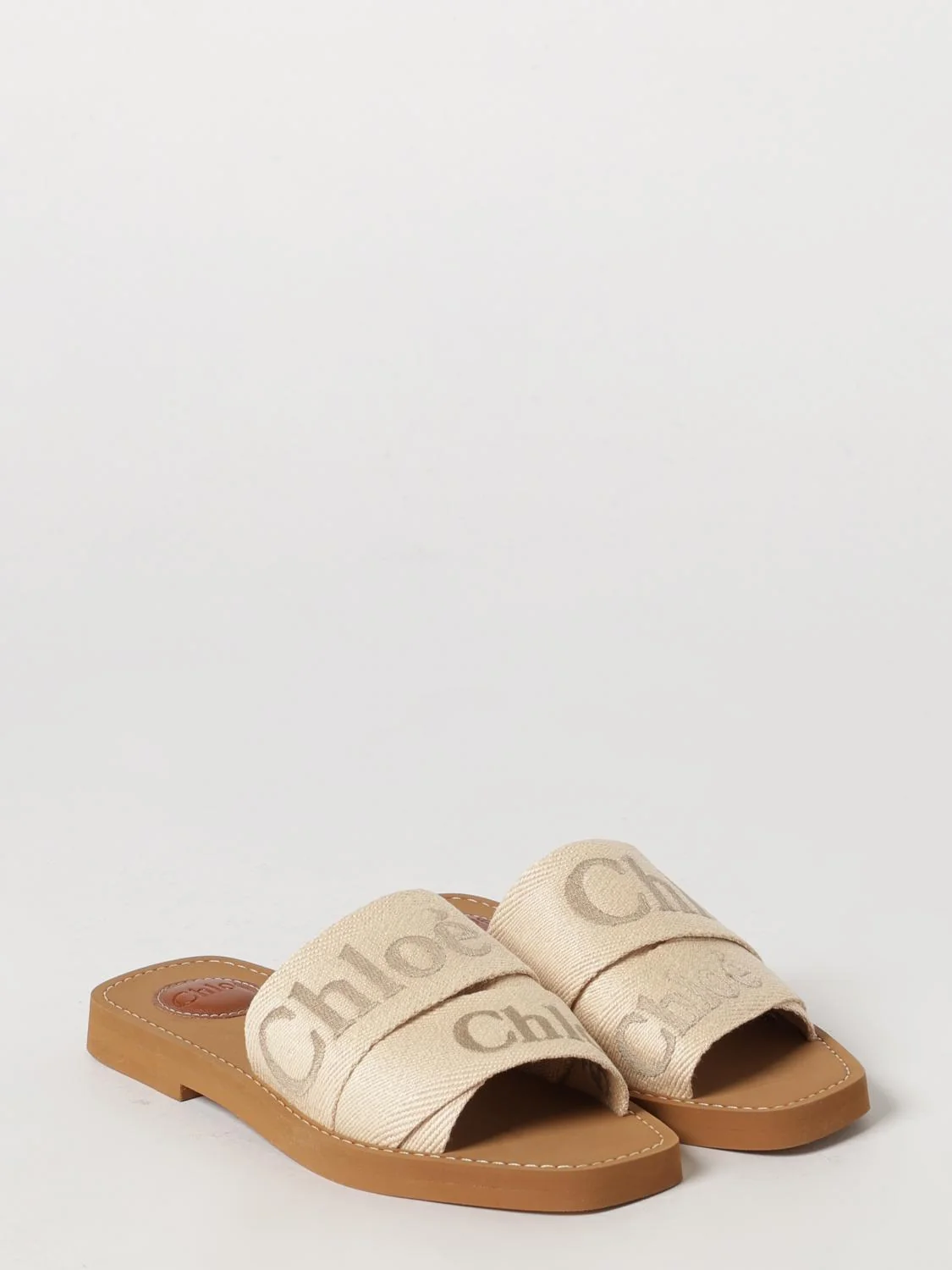 woody flat mule sandals chloé in canvas with embroidered logo and square toe