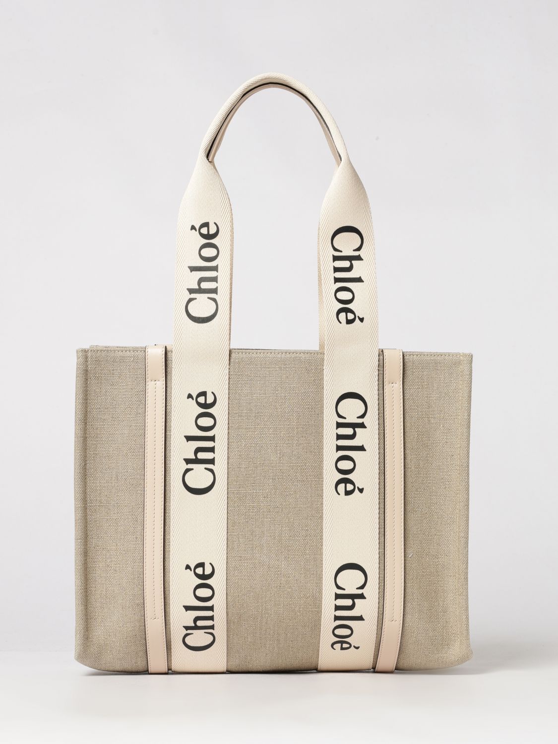 CHLOÉ OS woody linen tote bag chloé with printed logo and double handle