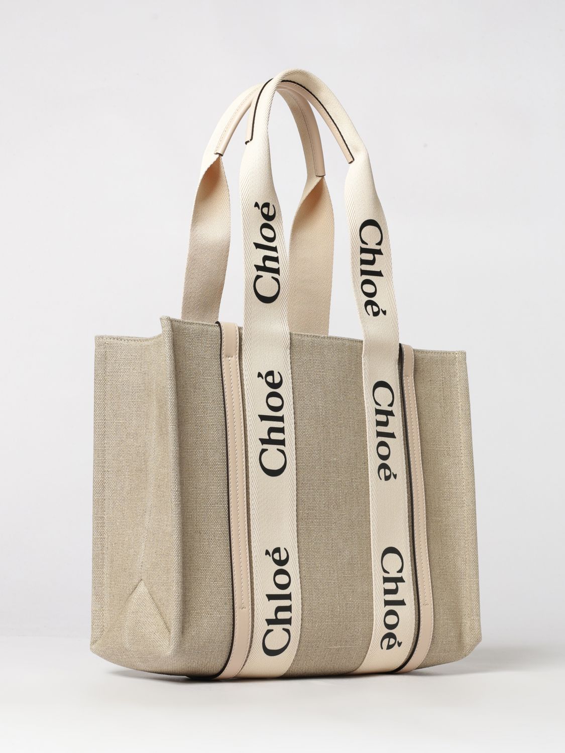 woody linen tote bag chloé with printed logo and double handle