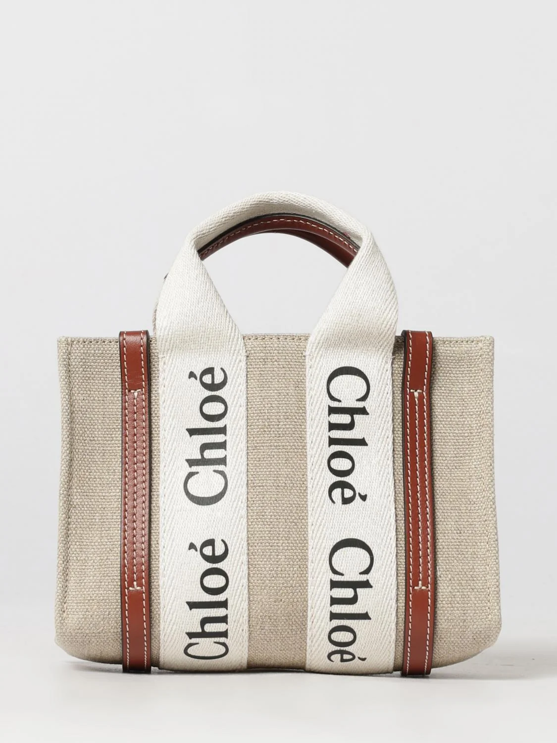 CHLOÉ OS chloé woody mini linen and cotton tote bag with logo handles