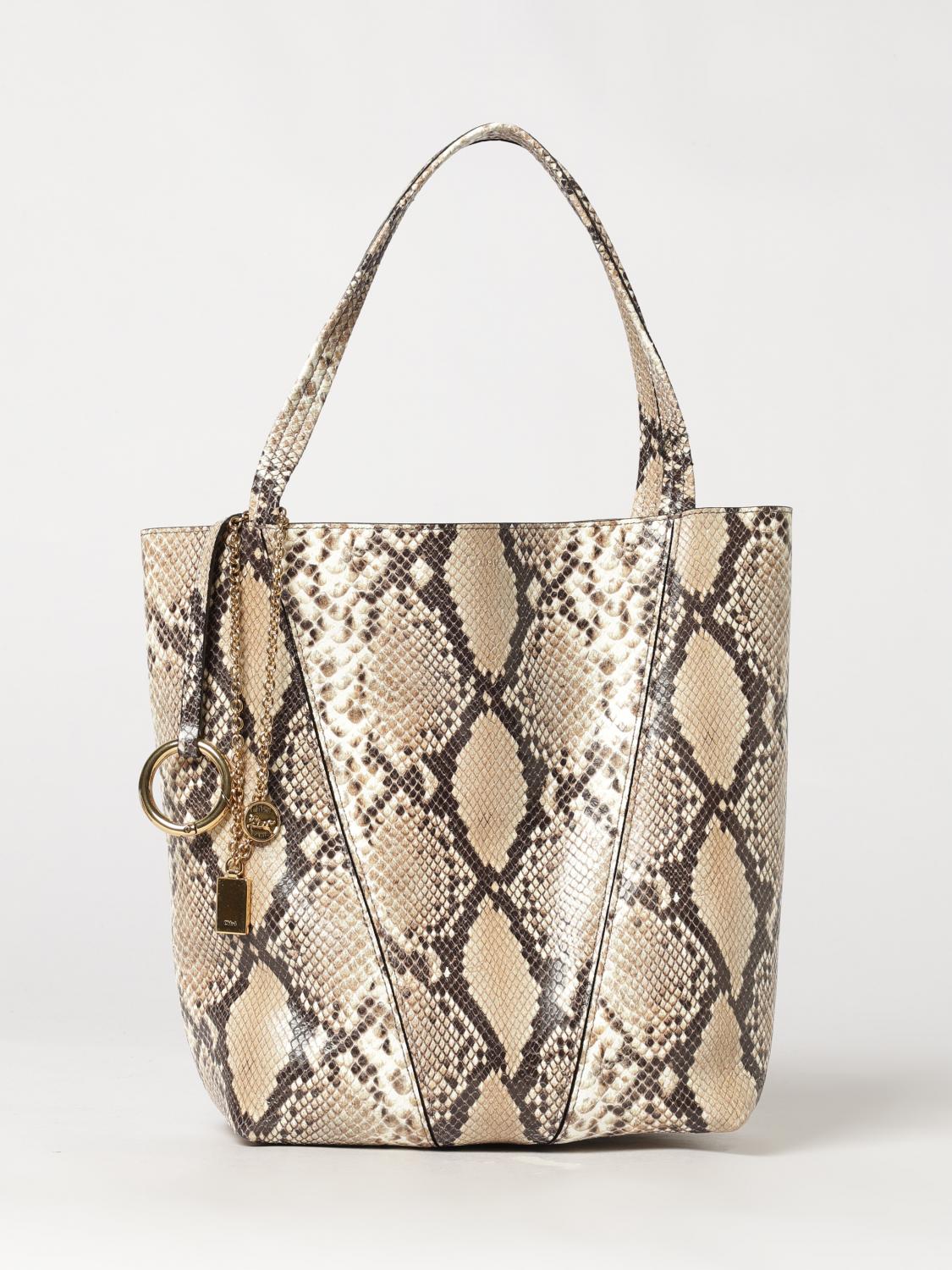 chloé spin python-print calfskin tote bag with charm