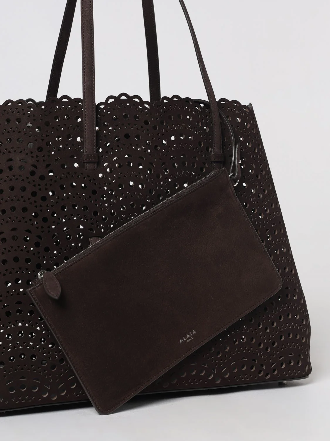 mina perforated nubuck leather shoulder bag with double handle