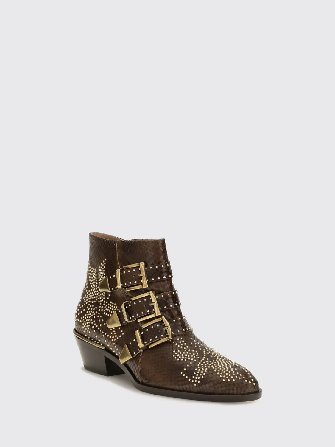 chloé susanna biker ankle boots in calfskin with studs and python embroidery