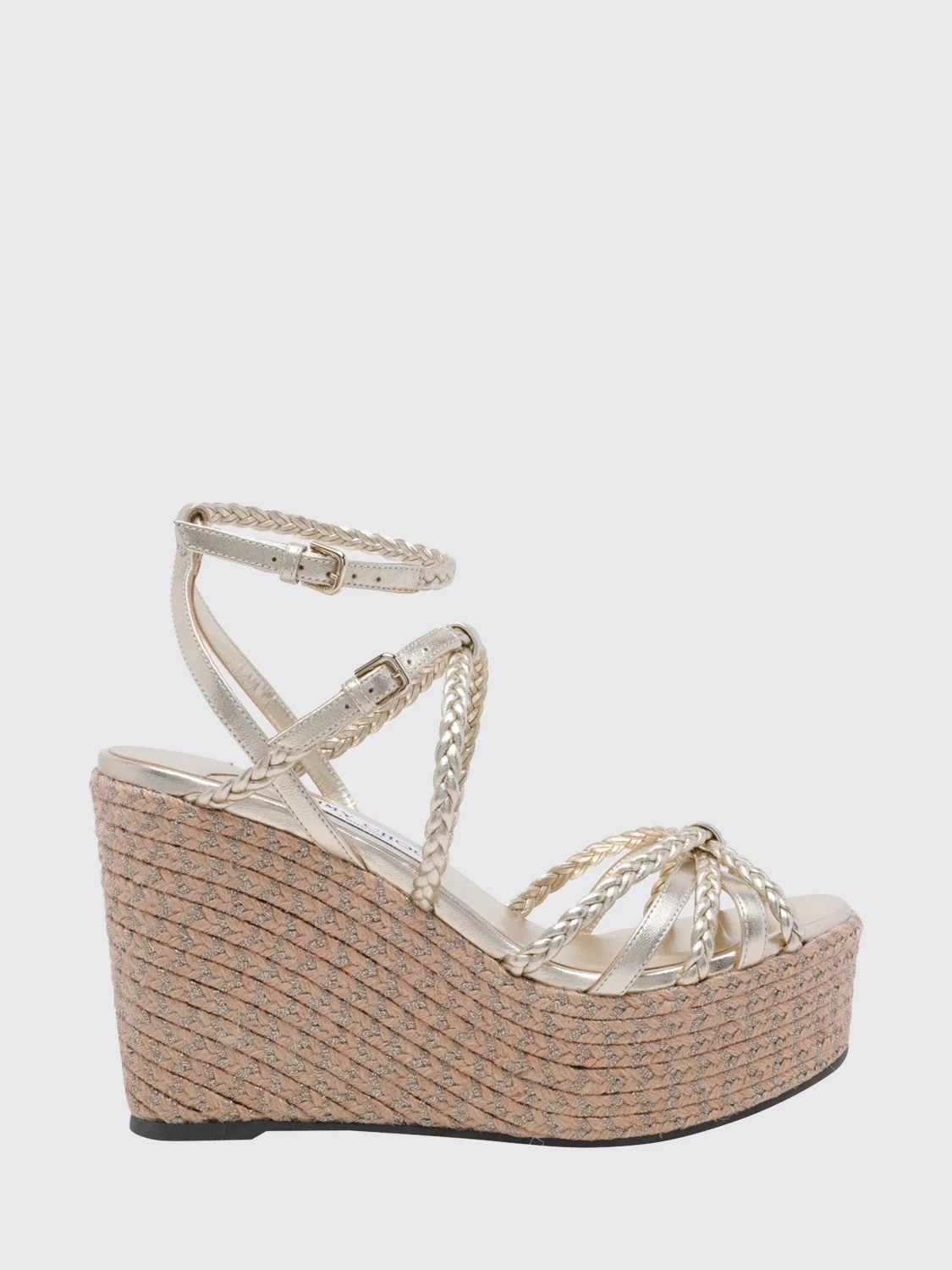 JIMMY CHOO 35 nyra laminated woven leather wedge sandals