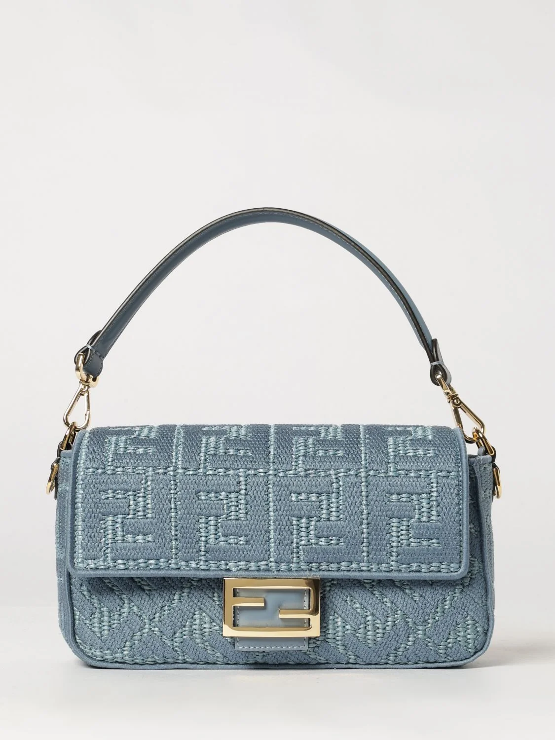 baguette shoulder bag in raffia with ff jacquard monogram and leather handle