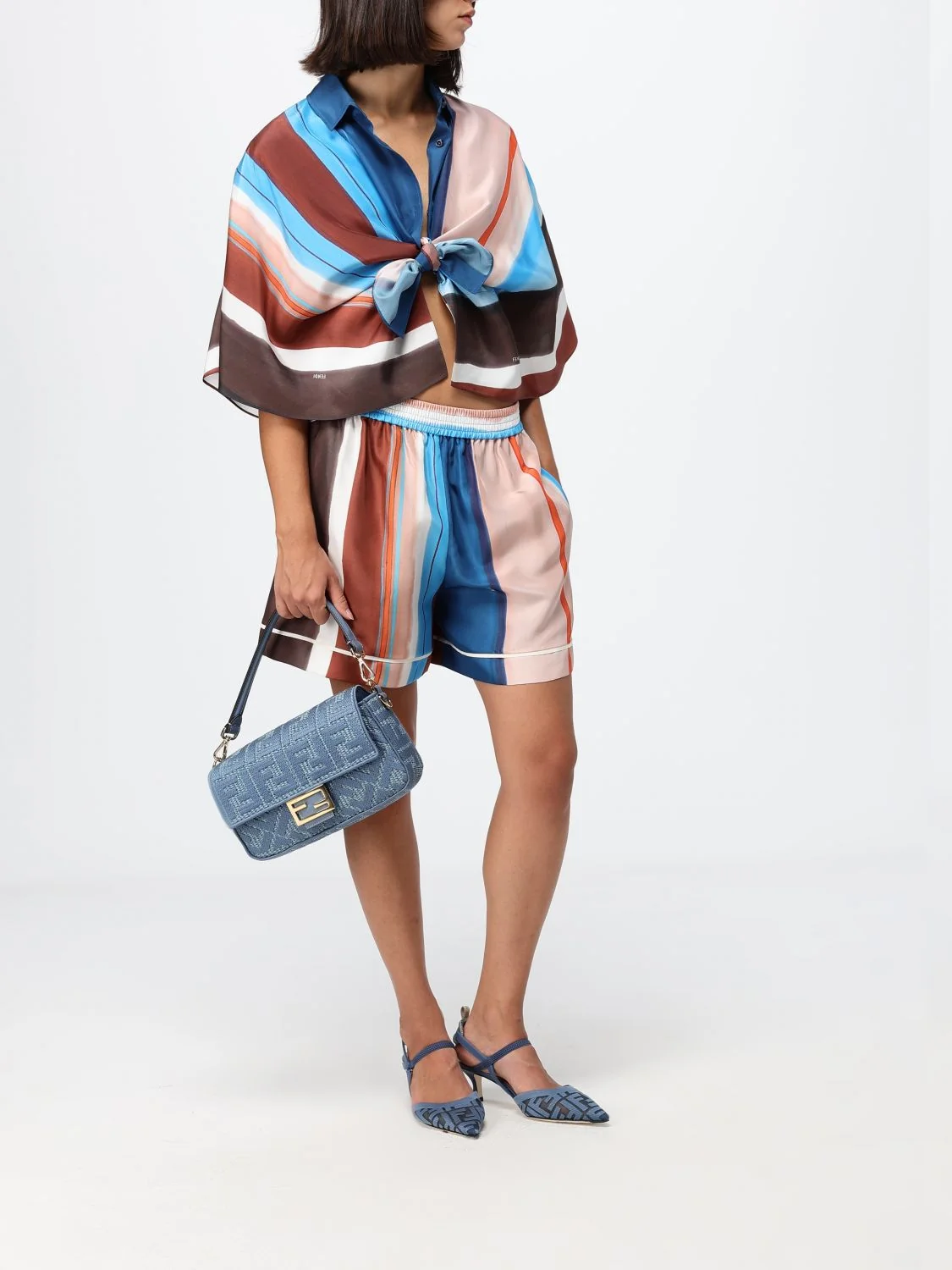 FENDI OS baguette shoulder bag in raffia with ff jacquard monogram and leather handle