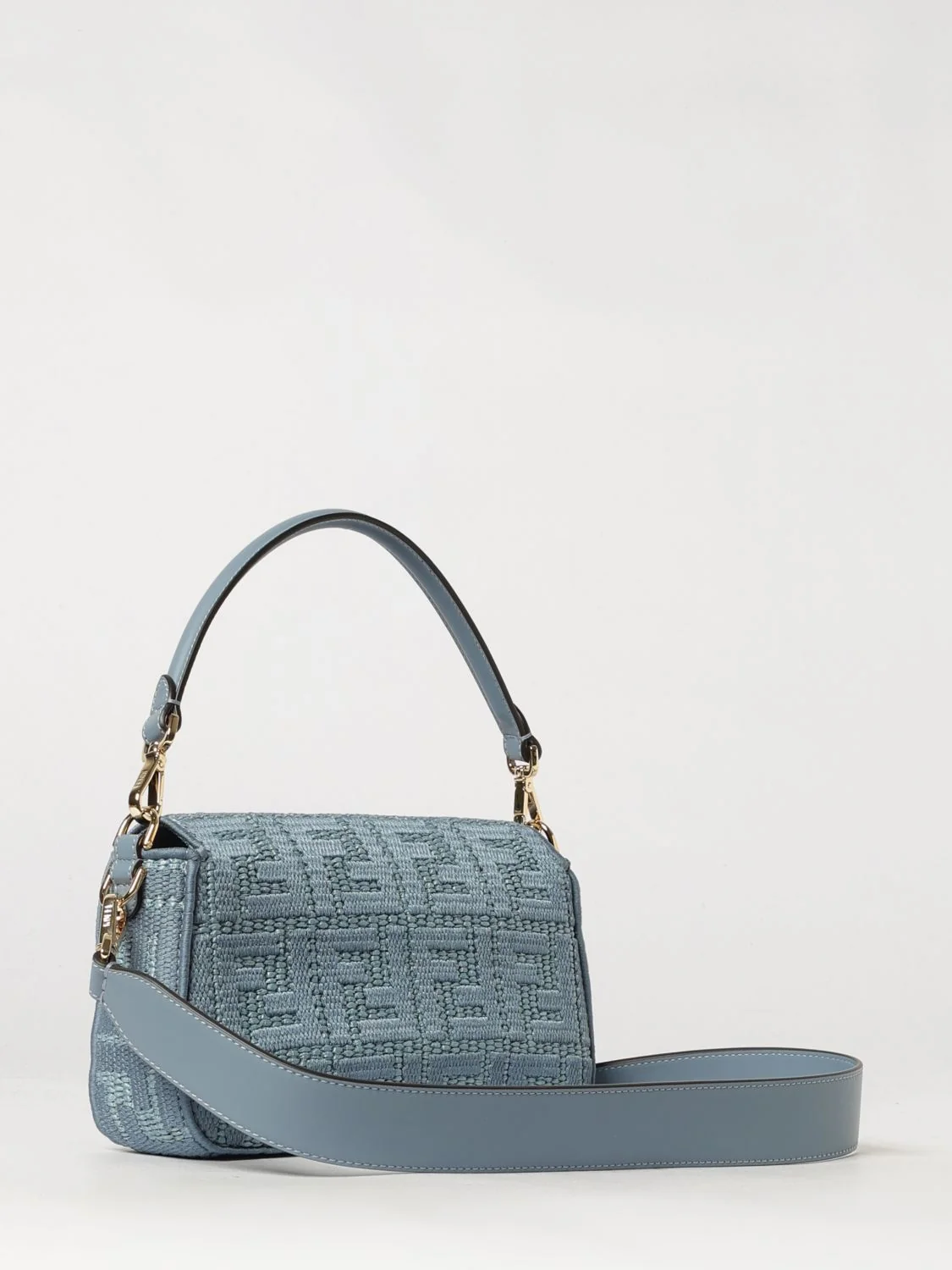 baguette shoulder bag in raffia with ff jacquard monogram and leather handle