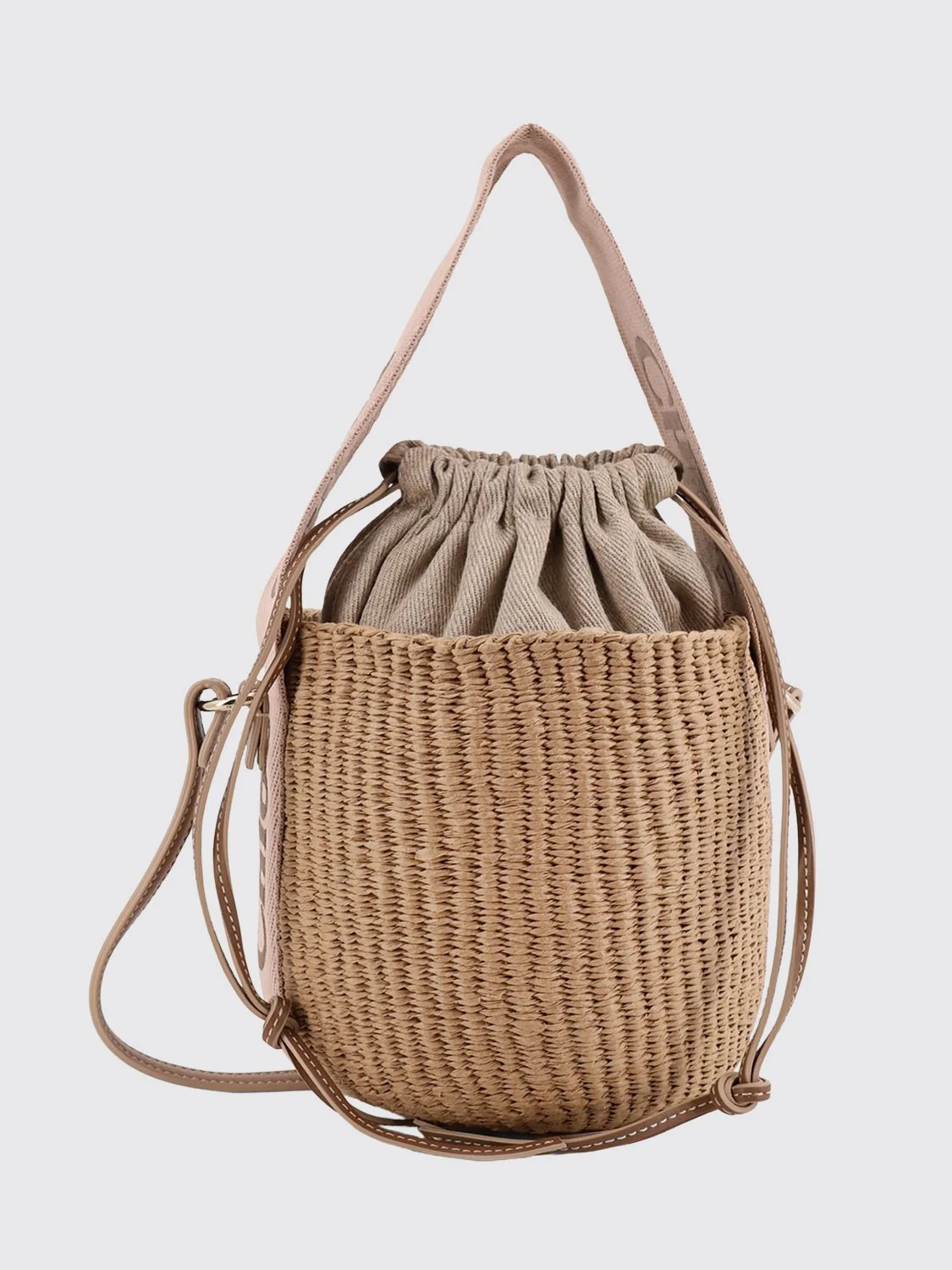 CHLOÉ OS woody mini bucket bag chloé in raffia with jacquard logo