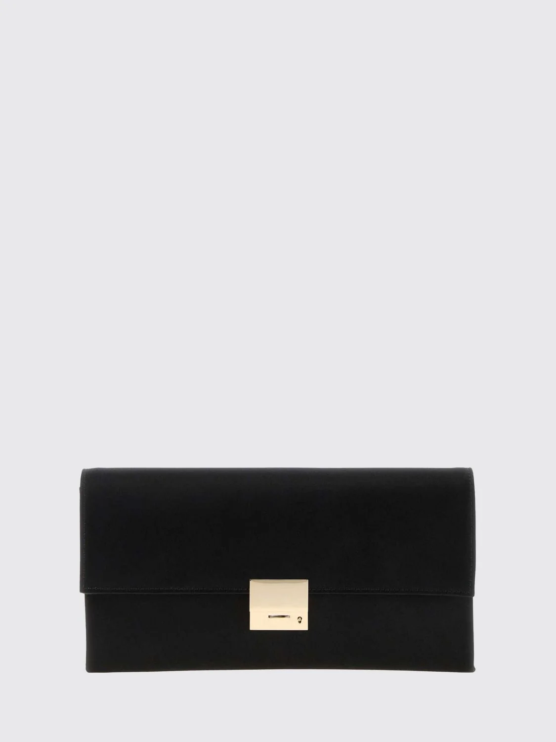 rectangular silk clutch with metallic snap closure and engraved logo