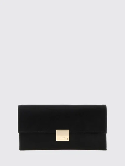 rectangular silk clutch with metallic snap closure and engraved logo