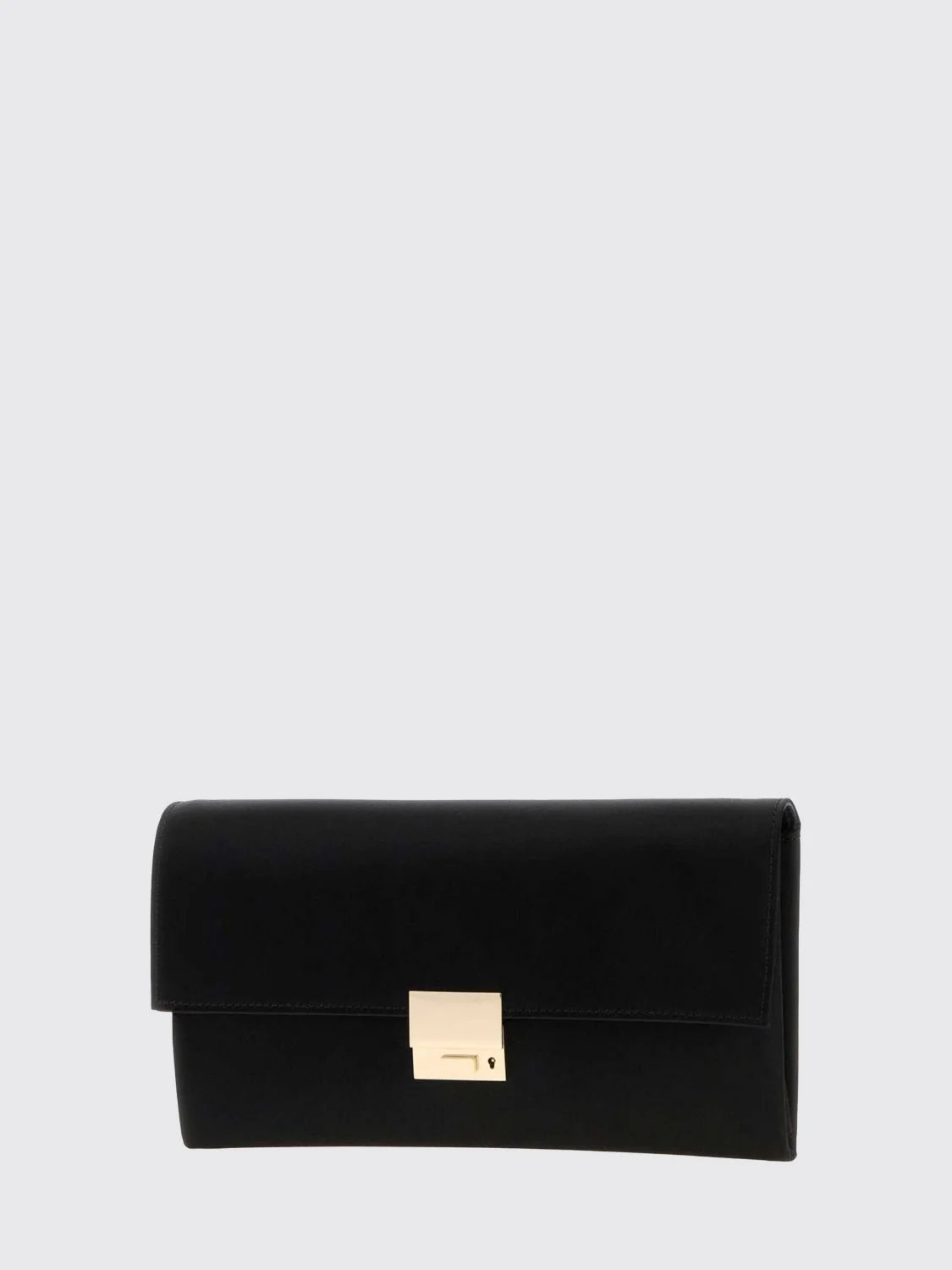 rectangular silk clutch with metallic snap closure and engraved logo