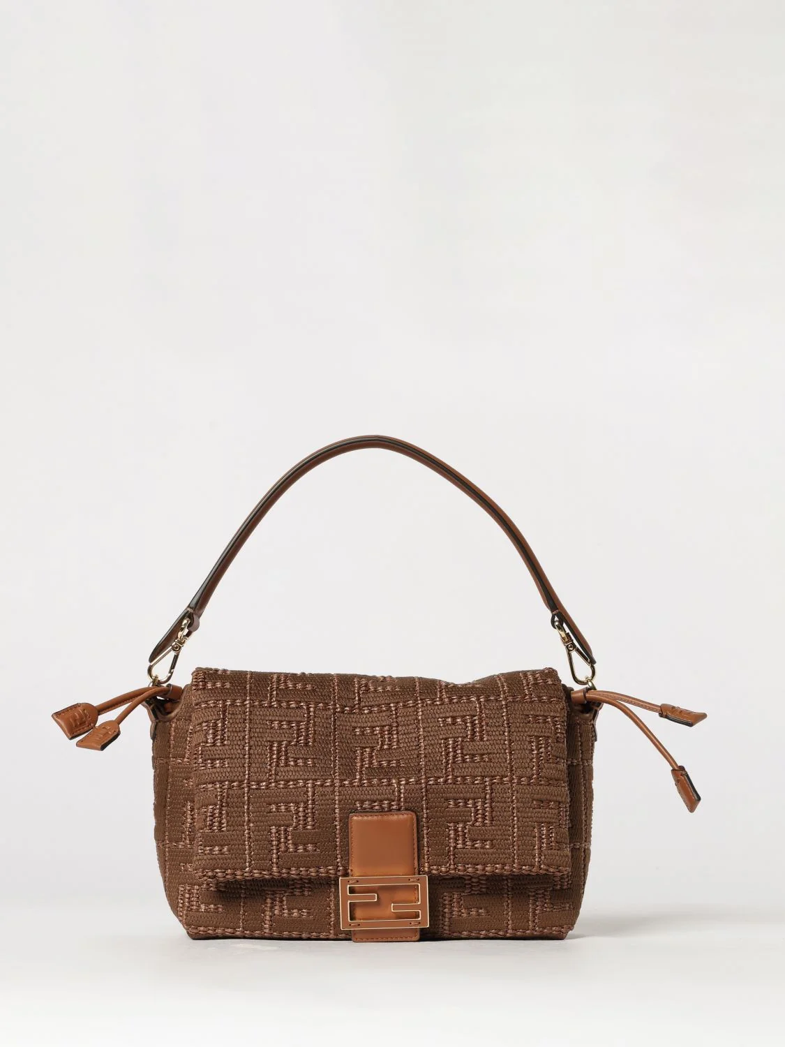 FENDI OS mamma baguette bag in raffia with ff monogram and leather handle